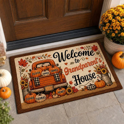 Personalized Standard Doormat with Floral Pumpkin Truck, Fall Entryway Decor, Unique Gift for Grandparents