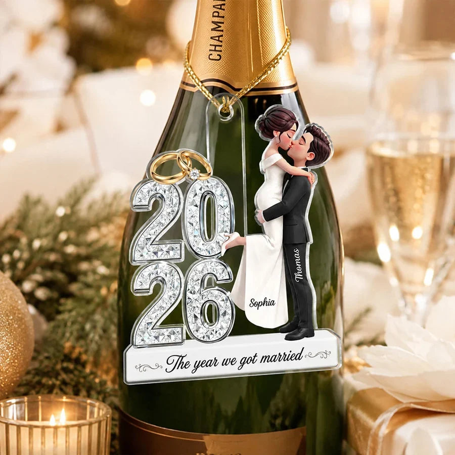 Personalized Acrylic Ornament with Kissing Newlyweds, Unique Wedding Keepsake Gift for Couples