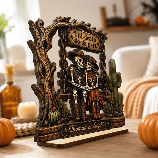 Personalized 2-Layer Wooden Plaque, Cowboy Skeleton Couple Halloween Decor, Unique Gift for Couple