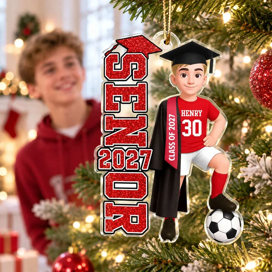 Personalized Soccer Acrylic Ornament, Graduate Posing with Ball by a Lit Tree, Unique Gift for Son or Daughter