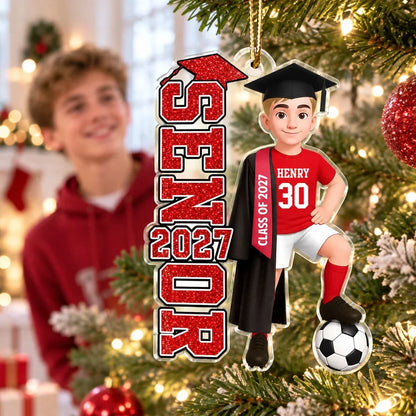 Personalized Soccer Acrylic Ornament, Graduate Posing with Ball by a Lit Tree, Unique Gift for Son or Daughter