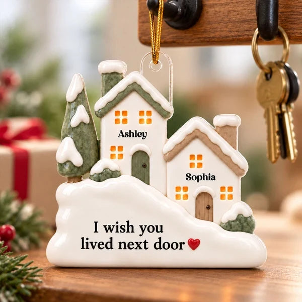 Personalized Acrylic Ornament with Snowy Neighboring Houses, Unique Gift for a Long-Distance Friend