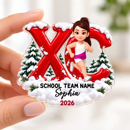 Personalized Acrylic Magnet, Running Girl in Snowy Pines, Unique Cross Country Gift for Runners
