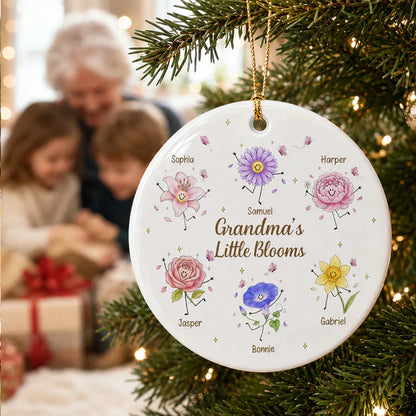 Personalized Ceramic Ornament With Grandma's Little Blooms, Smiling Birth Flower Art, Unique Gift For Grandma