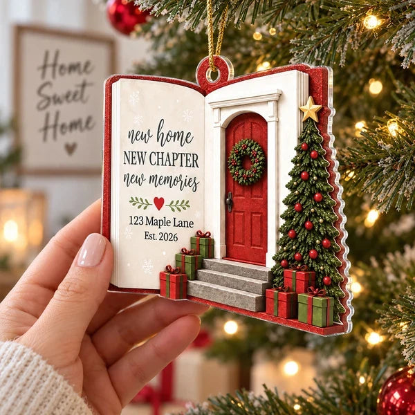 Personalized Acrylic Ornament, Red Door and Christmas Tree New Home Scene, Unique Housewarming Gift for Family