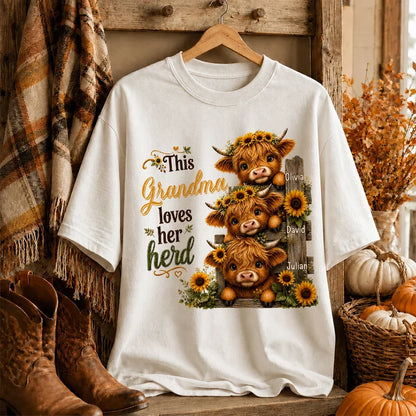 Grandma Loves Her Herd Sweatshirt, Personalized Sunflower Cow Art, Creative Gift for Grandma