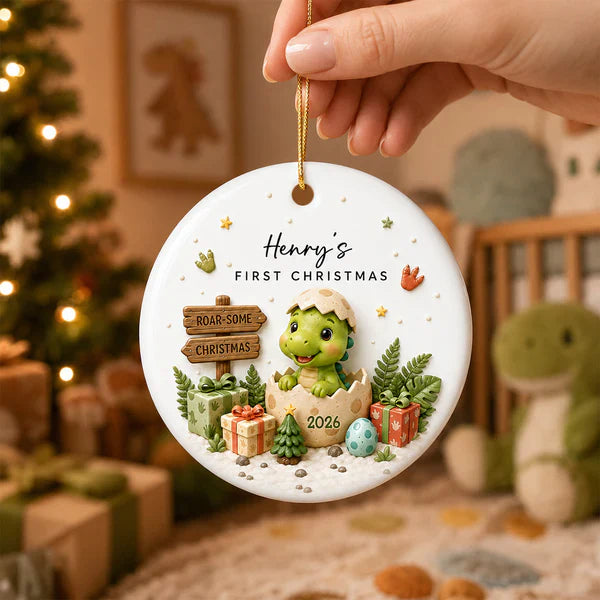 Personalized Ceramic Ornament With Cute Baby Dinosaur, Unique First Christmas Keepsake Gift for Baby