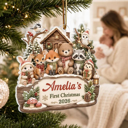 Personalized Acrylic Ornament, Woodland Animals by a Snowy Cabin, Unique Creative Gift for New Parents