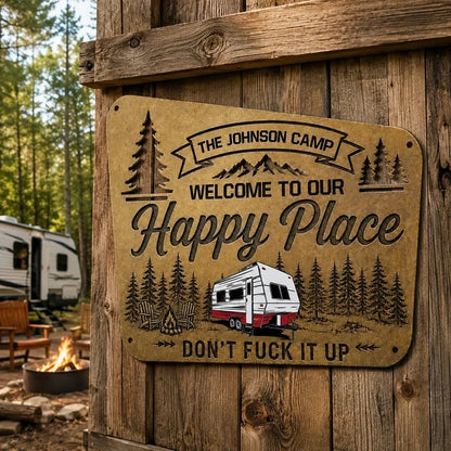 Personalized Shaped Metal Sign, Camper in a Pine Forest Campsite, Unique Gift for RV Owners
