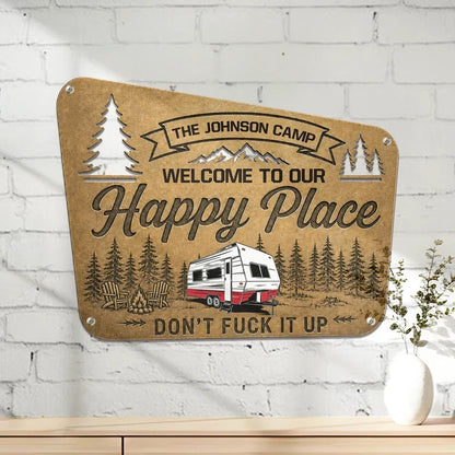 Personalized Shaped Metal Sign, Camper in a Pine Forest Campsite, Unique Gift for RV Owners