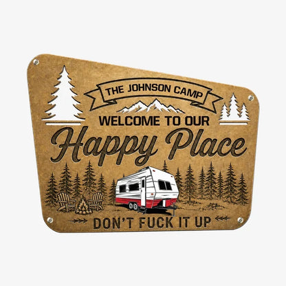 Personalized Shaped Metal Sign, Camper in a Pine Forest Campsite, Unique Gift for RV Owners