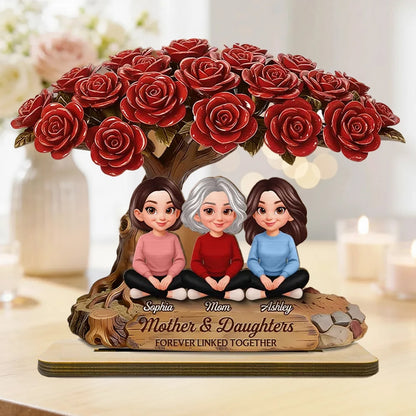 Personalized 2-Layer Wooden Plaque Rose Tree Mom and Daughters Cute Cartoon Keepsake, Unique Gift for Mom
