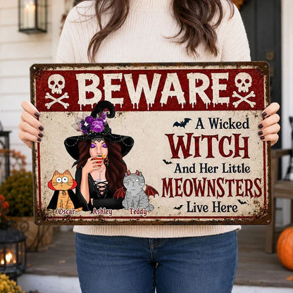 Personalized Rectangular Iron Sign, Witch Sipping with Costumed Cats, Unique Halloween Gift for Cat Lovers