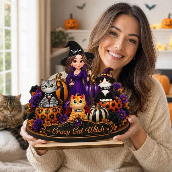 Personalized 2-Layer Wooden Plaque, Witch Posing with Cats and Pumpkins, Unique Halloween Gift for Cat Lovers