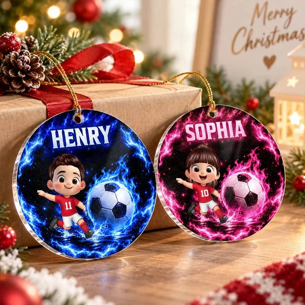 Personalized Acrylic Ornament, Electric Blue Cartoon Soccer Player Kicking a Ball, Unique Christmas Gift for Kids