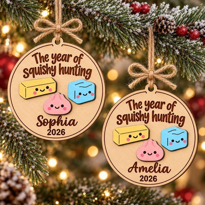 Personalized 2-Layer Wooden Ornament, Cute Squishy Design on a Lit Christmas Tree, Creative Gift for Collectors