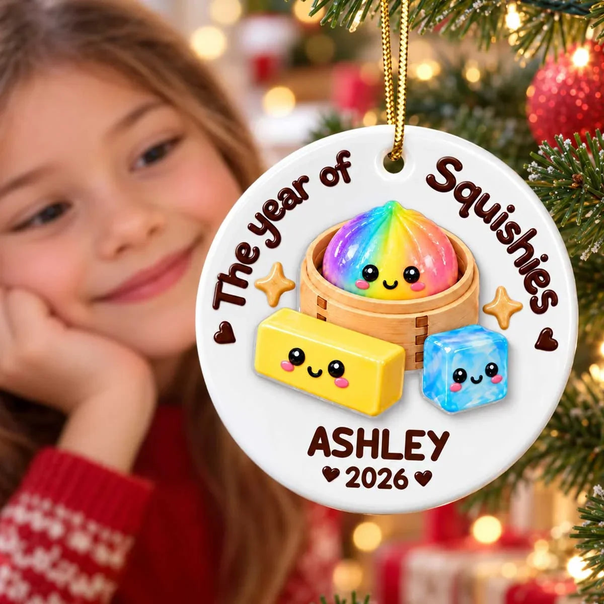 Personalized Ceramic Ornament, Cute Rainbow Dumplings in a Steamer, Unique Christmas Gift for Kids