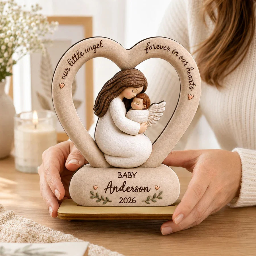 Our Little Angel Forever in Our Hearts Personalized 2-Layer Wooden Plaque, Mother Cradling Baby Angel, Creative Family Gift