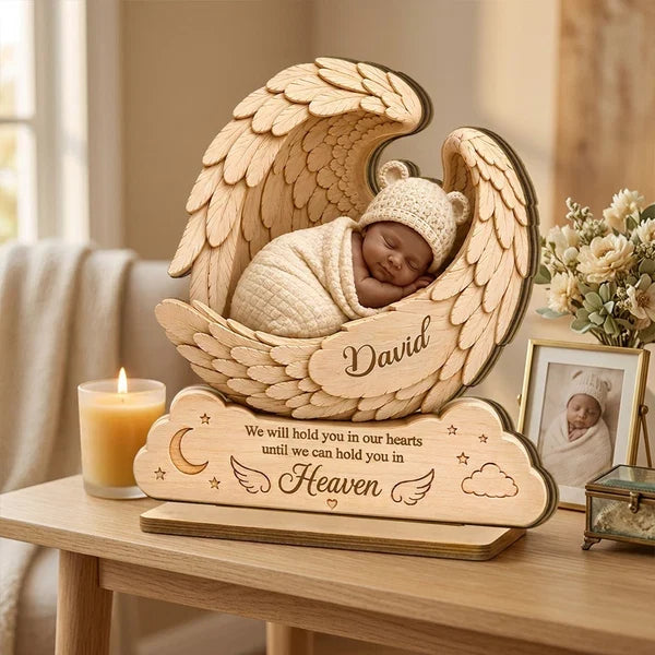Personalized 2-Layer Wooden Plaque, Sleeping Baby in Angel Wings, Unique Infant Loss Memorial Gift for Parents