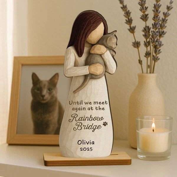 Personalized Until We Meet Again 2-Layer Wooden Plaque, Woman Holding Cat Memorial, Creative Sympathy Gift