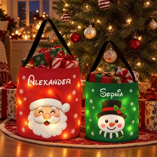 Personalized LED Light Up Basket with Santa, Snowman or Stocking, Unique Christmas Gift for Kids & Family