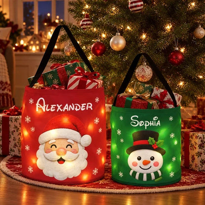 Personalized LED Light Up Basket with Santa, Snowman or Stocking, Unique Christmas Gift for Kids & Family