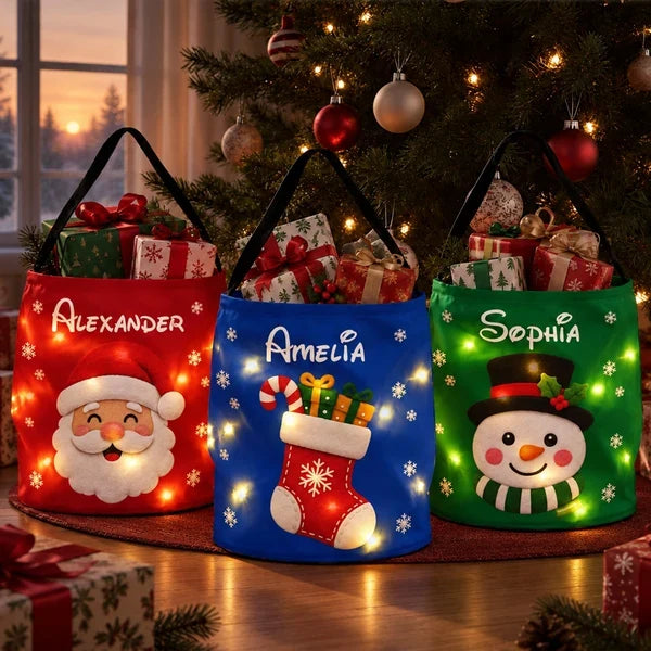 Personalized LED Light Up Basket with Santa, Snowman or Stocking, Unique Christmas Gift for Kids & Family