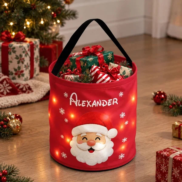 Personalized LED Light Up Basket with Santa, Snowman or Stocking, Unique Christmas Gift for Kids & Family