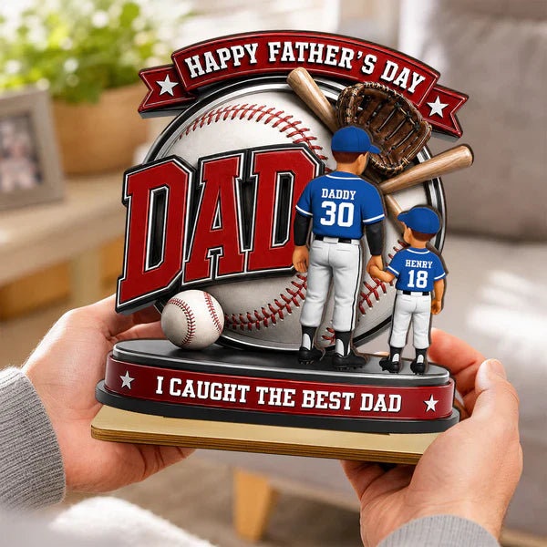 Personalized Baseball Dad 2-Layer Wooden Plaque, Holding Hands Scene, Unique Gift for Dad