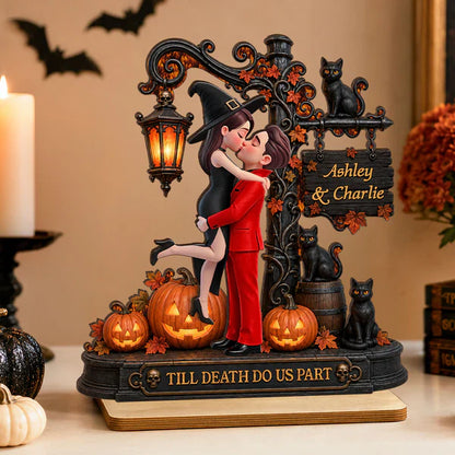Personalized 2-Layer Wooden Plaque, Kissing Couple with Pumpkins & Black Cats, Creative Gift for Couple
