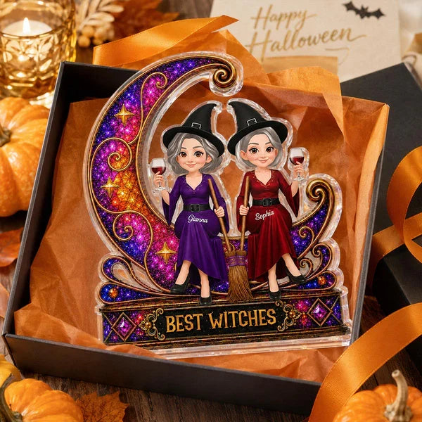 Personalized Shaped Acrylic Block Plaque, Witch Friends on Jeweled Crescent Moon, Unique Gift for Friend