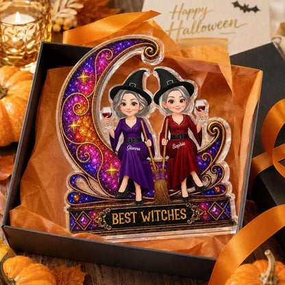 Personalized Shaped Acrylic Block Plaque, Witch Friends on Jeweled Crescent Moon, Unique Gift for Friend
