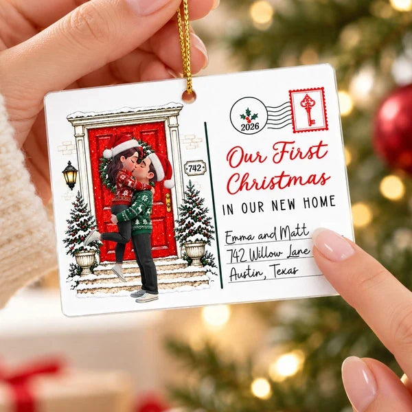 Personalized Acrylic Ornament, Kissing Couple by a Snowy Red Door, Unique Christmas Gift for New Homeowners
