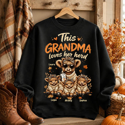 Personalized Grandma Classic Tee, Highland Cow Herd Design, Fall Leaves, Unique Gift for Grandma