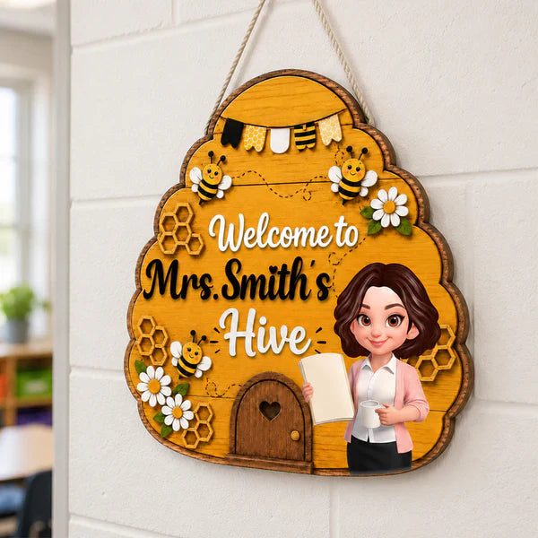 Personalized Wooden Sign with Teacher Holding a Book, Bee Hive Classroom Decor, Unique Back to School Gift