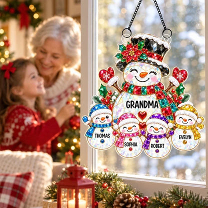 Personalized Grandma Snowman Acrylic Suncatcher Ornament, Colorful Christmas Window Decor, Unique Gift for Grandma