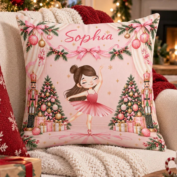 Personalized Square Pillow, Dancing Ballerina and Pink Bows, Unique Christmas Gift for Ballet Lover