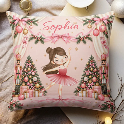 Personalized Square Pillow, Dancing Ballerina and Pink Bows, Unique Christmas Gift for Ballet Lover
