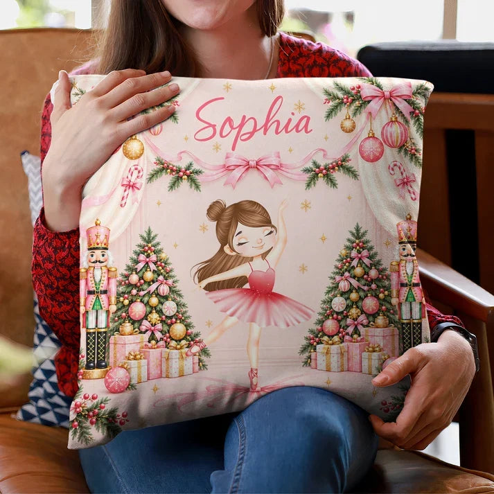 Personalized Square Pillow, Dancing Ballerina and Pink Bows, Unique Christmas Gift for Ballet Lover