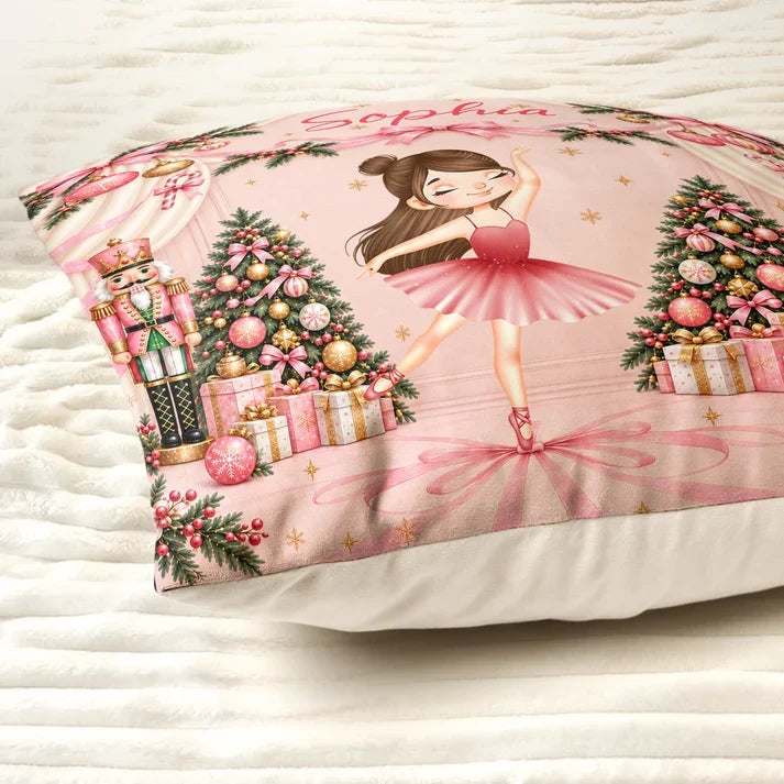 Personalized Square Pillow, Dancing Ballerina and Pink Bows, Unique Christmas Gift for Ballet Lover