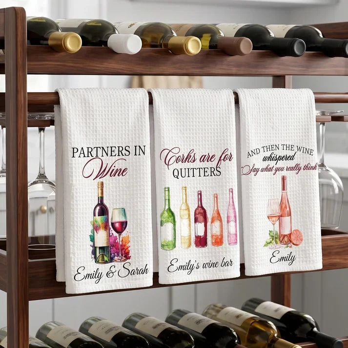 Personalized Kitchen Towel with Watercolor Wine Bottles and Corks Are for Quitters, Unique Gift for Wine Lovers