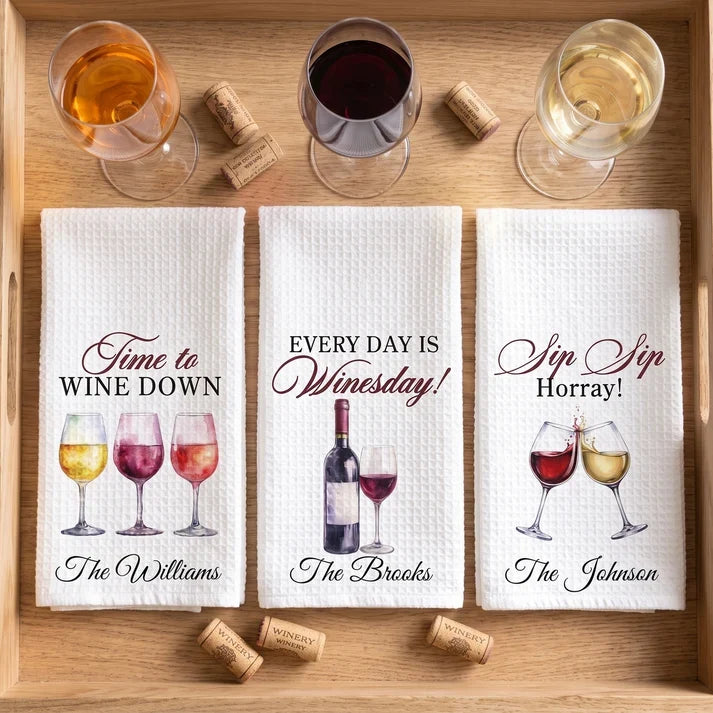 Personalized Kitchen Towel with Watercolor Wine Bottles and Corks Are for Quitters, Unique Gift for Wine Lovers