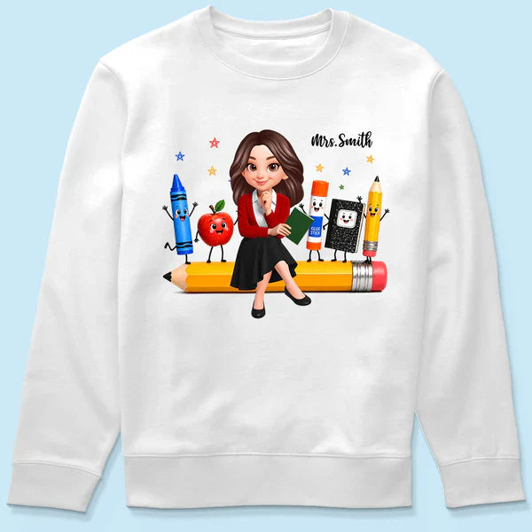 Personalized Teacher Classic Tee With Cartoon School Supplies, Unique Back to School Gift