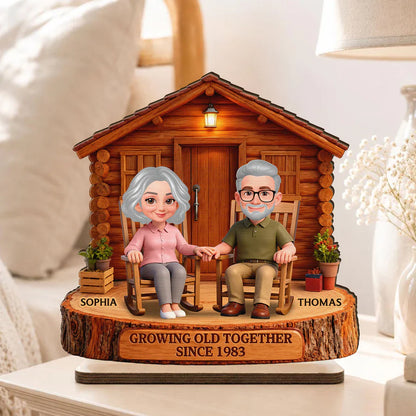 Growing Old Together 2-Layer Wooden Plaque, Couple Holding Hands at Cabin, Creative Anniversary Gift