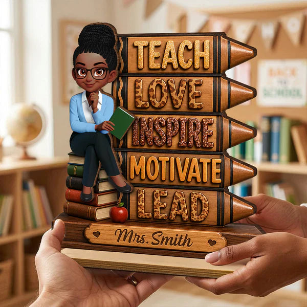 Personalized 2-Layer Wooden Plaque for Teacher, Teach Love Inspire Motivate Lead, Unique Classroom Gift
