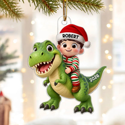 Personalized Acrylic Ornament, Festive Child Riding a Green Dinosaur, Creative Keepsake Gift for Grandkids
