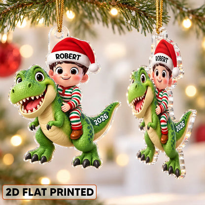Personalized Acrylic Ornament, Festive Child Riding a Green Dinosaur, Creative Keepsake Gift for Grandkids