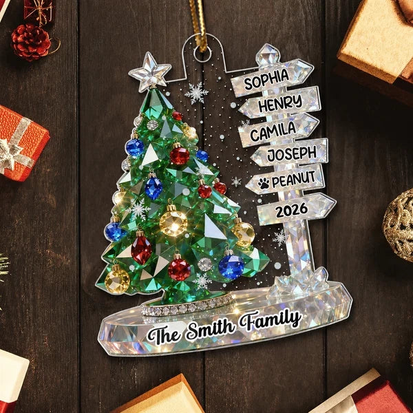 Personalized Acrylic Ornament, Green Crystal Effect Christmas Tree Signpost, Unique Gift for Family