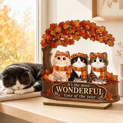 Personalized 2-Layer Wooden Plaque with Cats Under Autumn Leaves, Unique Creative Gift for Cat Lovers