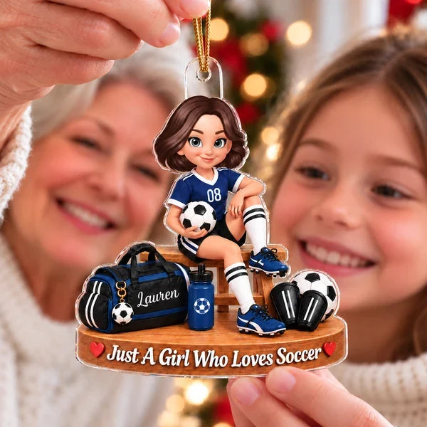 Personalized Acrylic Ornament, Seated Soccer Girl Holding a Ball, Unique Christmas Gift for Daughter
